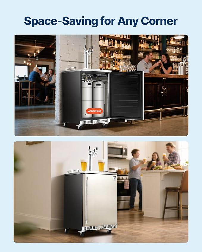 VEVOR Beer Kegerator, Triple Tap Commercial Draft Beer Dispenser for D system, Full Size Keg Refrigerator with 5lbs CO2 Tank, Hold 3 Sixth/2 Slim/3 Ball lock keg (3 taps - D system - stainless steel)
