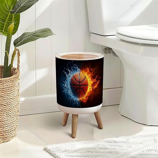 Trash Can with Lid Basketball Press Top Round Small Garbage Bin with Wooden Legs Waste Basket for Kitchen Bedroom Nursery 7L/1.8 Gallon