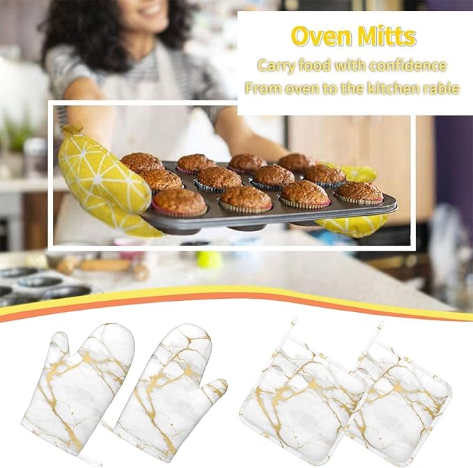 Luxury Marble White Gold Oven Mitts and Pot Holders Sets of 4, Heat Resistant Silicone Oven Mittens and Potholders Gloves Hot Pads for Kitchen Cooking Baking Grilling BBQ Chef