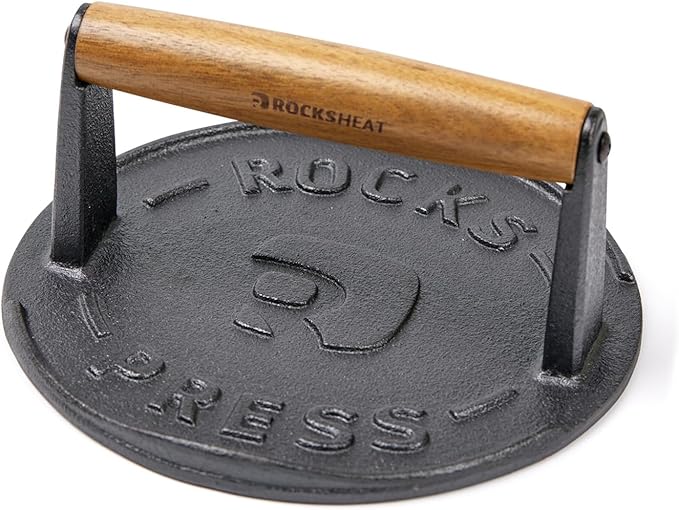 7 Inch Bacon Press, Heavy Duty Cast Iron Grill Press, 2.5 lbs Round Smash Burger Press with Wood Handle & Raised Edge, Food-Grade Griddle Press for Hamburger Bacon Seared Steak Sandwiches and Panini