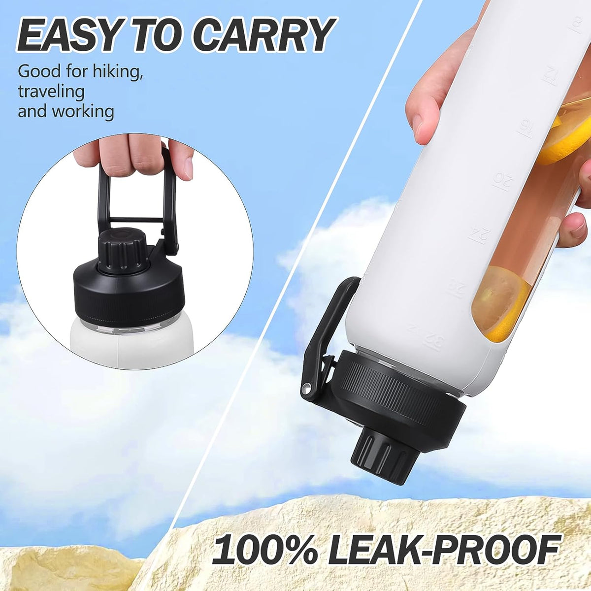 Glass Water Bottle with Straw, 24oz Glass Drinking Bottle with 2 Lids-Bamboo and Spout Lid with Phone Holder Handle for Gym Sports,with Silicone Sleeve and Time Marker,White