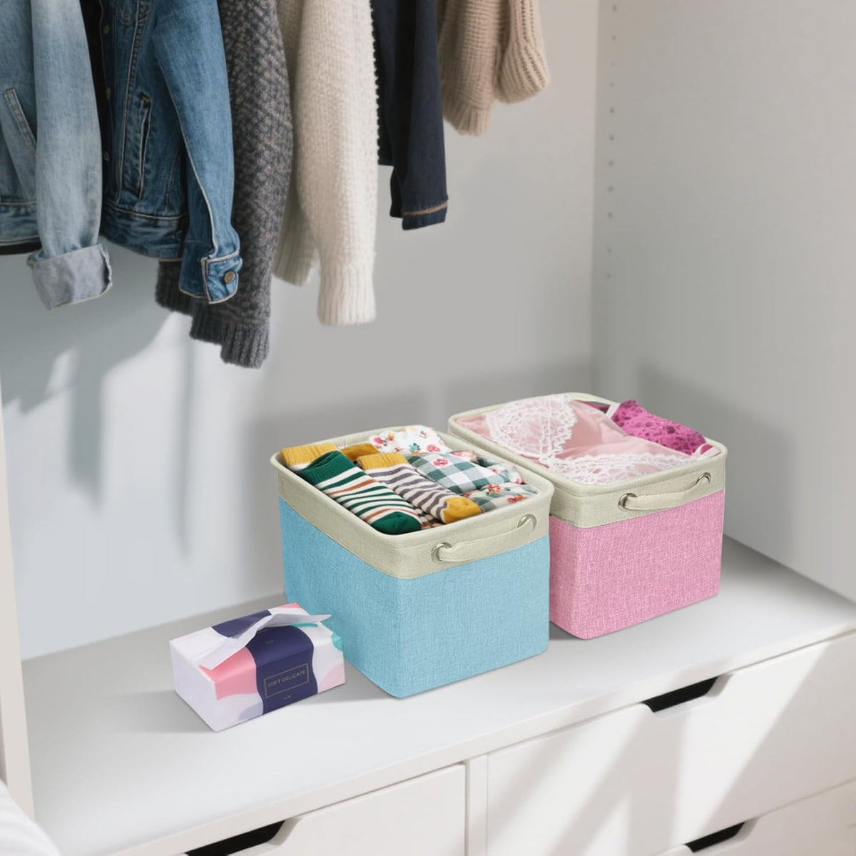 BALEINE 3 Pack Fabric Storage Bins for Shelves, Linen Storage Baskets for Organizing, Decorative Closet Bins for Clothes, Home (Pink, 12"x8"x8")