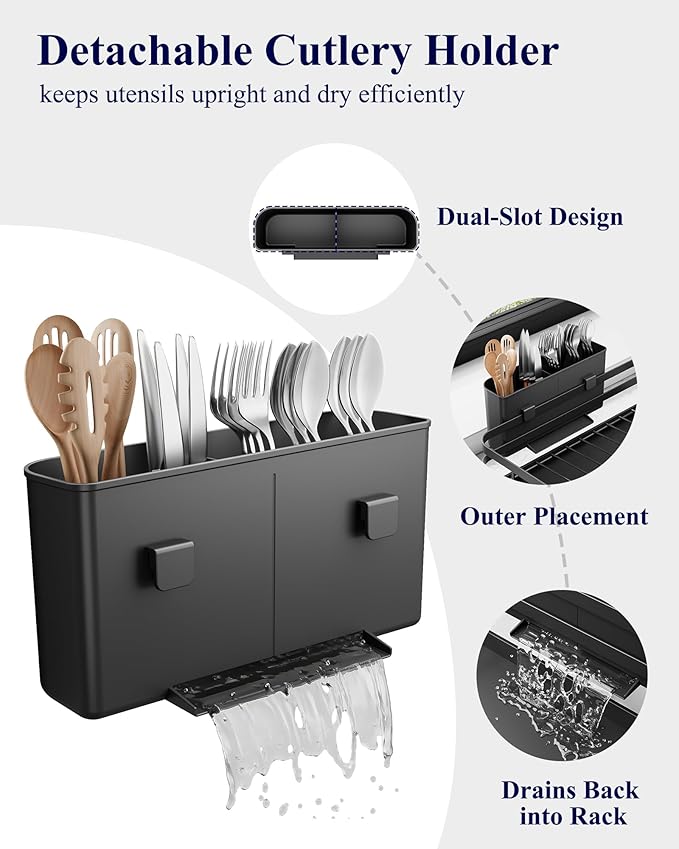 Kitsure Dish Drying Rack - Multi-Functional Dish Rack for Kitchen Counter with Cutlery Holder, Rust-Proof Storage Solution with Rotatable, 15.7" x 12.0" x 5.5", Black