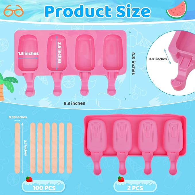 SAYAYA 2 Set Silicone Popsicle Molds with 100 Sticks, Reusable 4 Cavities Homemade Cake Pop & Cakesicle Mold for DIY Ice Cream, Ice Pop, Easy Release & Dishwasher Safe for Kids Family (Pink)