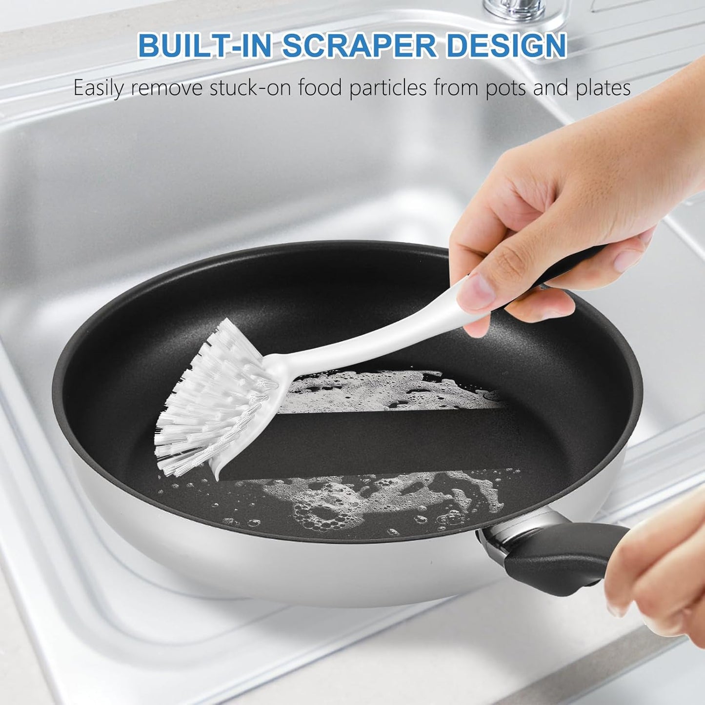 SetSail Dish Brush with Handle, 2 Pack Stiff Bristles Dish Scrubber with Built-in Scraper Dish Scrub Brushes for Cleaning Dishes, Pots and Pans, Kitchen Sink, 3 Pack, Black White