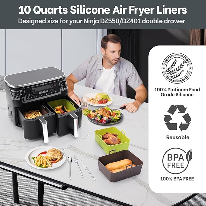 NEWITEE Air Fryer Silicone Liners 10QT For Ninja DZ550/DZ401, 2 Pack BPA Free Platinum Silicone Air Fryer Basket Liner with Handle, Rectangle Dual Basket Air Liners, Upgraded