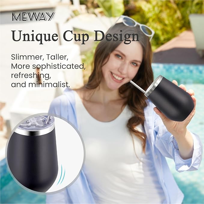 MEWAY 12oz Wine Tumbler Glasses with Lid and Straw - Stemless Double Wall Vacuum Stainless Steel Tumbler Keeping Cold & Hot for Wine,Drinks - Family and Gifts, Ideal for Travel and Office(Black,1)