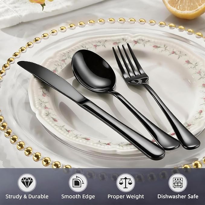60 Piece Black Silverware Set - Service for 20, Stainless Steel Flatware Cutlery Set Include Knives Spoons Forks, Black Bulk Silverware for Wedding, Restaurant, Home, Dishwasher Safe
