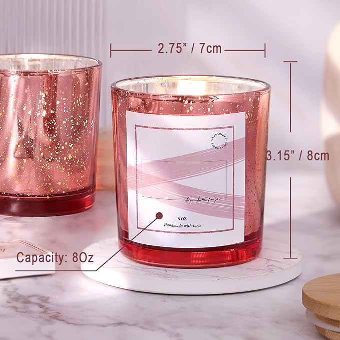 LAMORGIFT 15 Pack Empty Candle Jars With Lids (8oz, Rose Gold) - Making Containers Include 20 Pcs Labels - Mercury Glass Jars