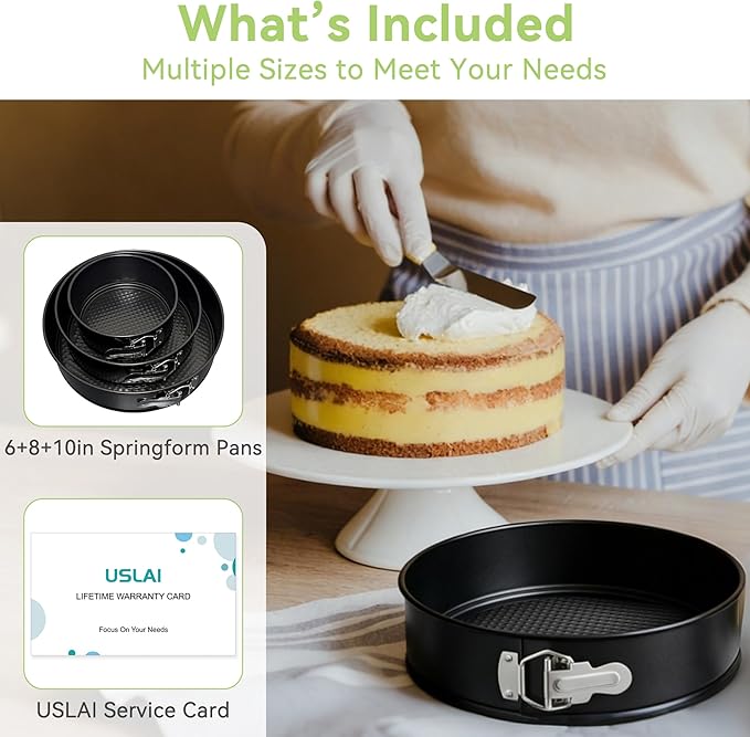 USLAI Springform Pan, 6+8+10 Inch Nonstick Cheesecake Pan with Removable Bottom, Easy to Clean, Ideal for Baking Cakes, Pies and Quiches - Set of 3