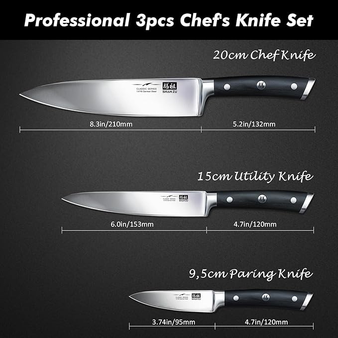 SHAN ZU Kitchen Knife Sets 3pcs, Professional German 5Cr15MoV Stainless Steel, High Carbon Steel Knives Sets, Ultra Sharp Ergonomic Wood Handle & Full Tang Design, Gift Box Included