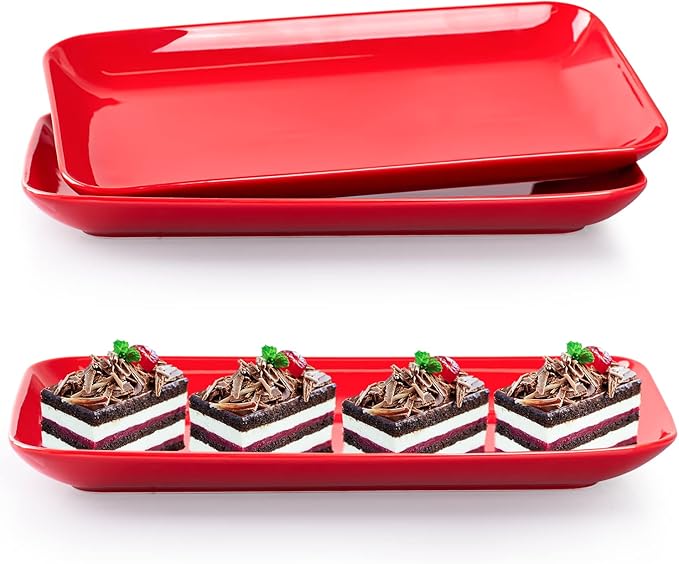 DELLING 12 Inch Rectangular Serving Platter Set of 3, Red Porcelain Serving Plates, Appetizer Salad Dessert Trays for Party, Christmas Valentine's Day Entertaining, Microwave Dishwasher Oven Safe