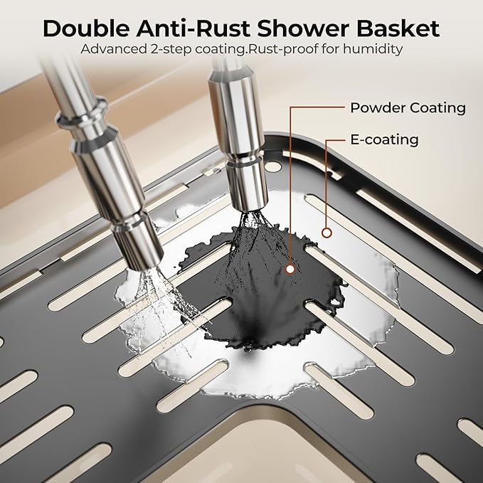 Orimade Rustproof 4 Tier Floor Standing Corner Shower Caddy Organizer with Toothbrush Holder, Large Spacing Floor Shower Shelf Rack Storage Stands with Hooks for Bathroom Kitchen, Black