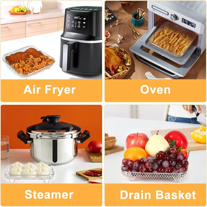 BYKITCHEN 8 inch Square Air Fryer Rack, 3pcs Stackable Stainless Steel Dehydrator Rack with Silicon Feet, Square Air Fryer Accessories for Cosori, Instant Vortex, Ninja Pro XL 6.5 QT AF181 & More