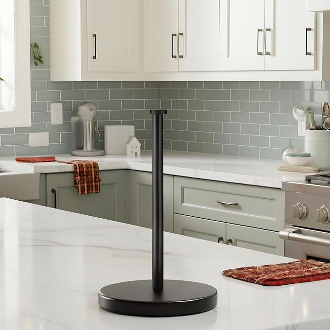 KES Matte Black Paper Towel Holder Countertop, Kitchen Paper Roll Holder Stand with Weighted Base Heavy for Standard or Gaint Rolls SUS304 Stainless Steel Matte Black, KPH202-BK