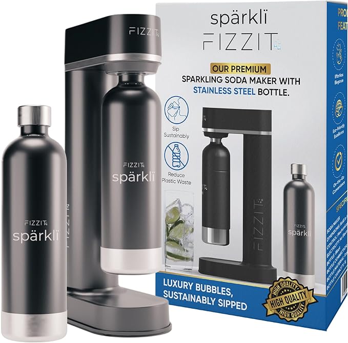 Fizzit Spärklï Stainless Steel Sparkling Water Maker with 2 CO2 Cylinders & 1L Reusable Bottle – Soda Streaming Machine Carbonated Water Maker for Home – No Electricity Needed, Dishwasher Safe