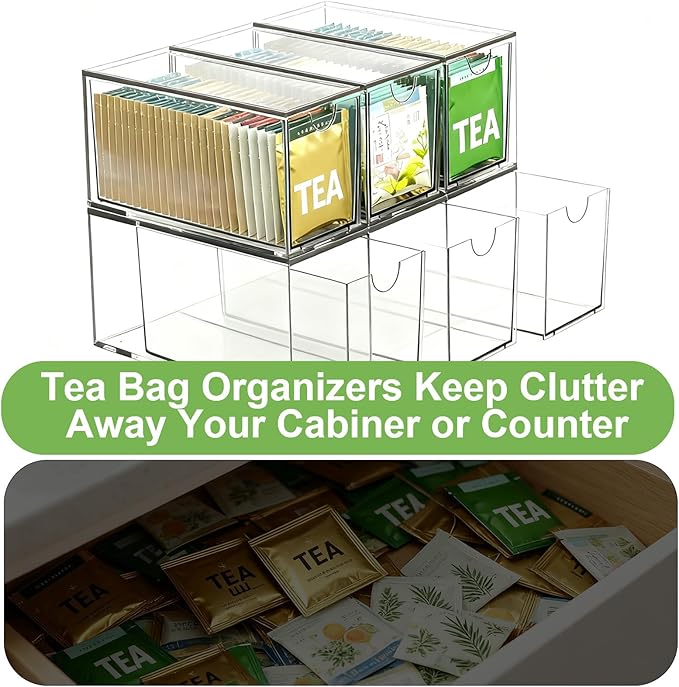 4 Pack Stackable Tea Bag Storage Organizer Drawers – Clear Acrylic Tea Bag Holder for Cabinet, Drawer, Pantry, Countertop – Kitchen Tea Storage Container