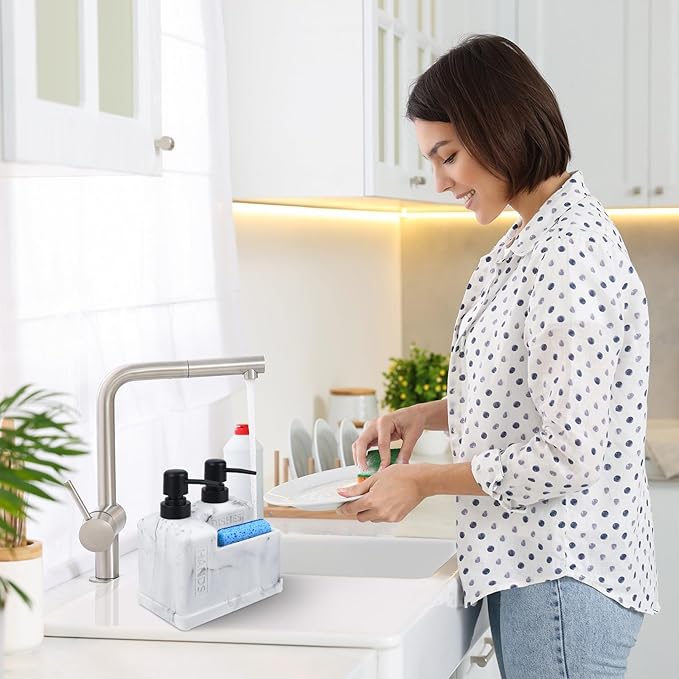 Kitchen Hand Soap and Dish Soap Dispenser Set,Dual Soap Dispenser with Sponge Holder 3-in-1 Organizer for Kitchen Sink,Bathroom,Useful Kitchen Gadgets - White Marble Look