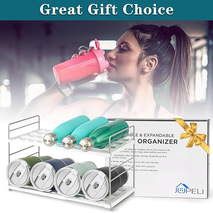 Water Bottle Organizer For Cabinet, Adjustable Tumbler Storage, Expandable Water Bottle Holder For Kitchen Organization, 2 Tier Cup Organizer For Sports Flask Insulated Travel Mug Fridge, White