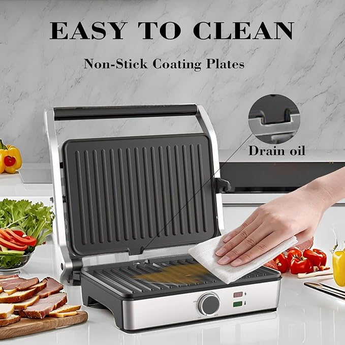 Panini Press, Electric Sandwich Press Grill, Open 180 Degrees, Electric Grill Indoor, Perfect for Grilling Sandwich, Steak, Burger, Adjustable Temperature Control, Non Stick Coating,GT60