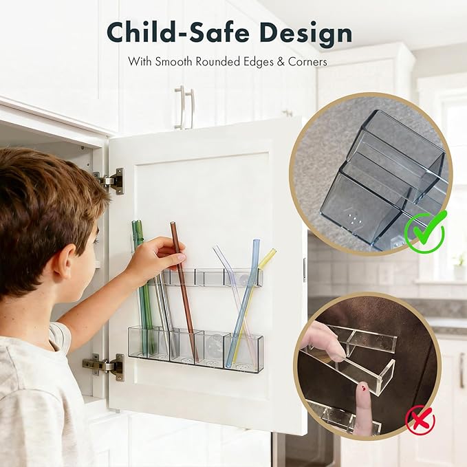 Acrylic Straw Holder for Cabinet Door - Child-Safe Organizer & Dispenser with Smooth Rounded Edges for Kitchen Accessories Storage, Adhesive Circles Included (Dark Transparent)