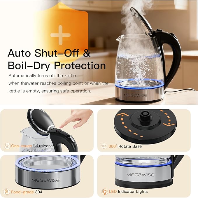 Megawise Electric Glass Kettle with Auto Shut-Off (1.8L)