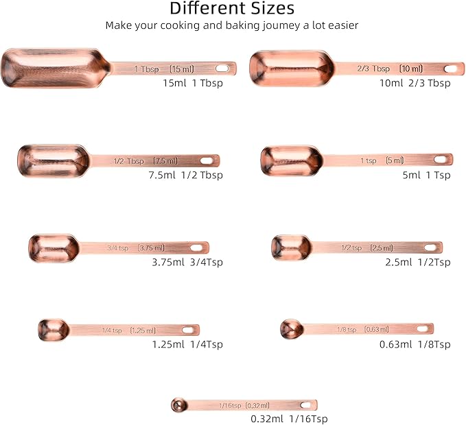 Copper Measuring Spoons Set, Stainless Steel Narrow Measuring Spoons Set, Heavy Duty Metal Measuring Spoon with Long Handle, Engraved Metric&US Measure Spoon with Leveler, Easily Fit Spice Jars
