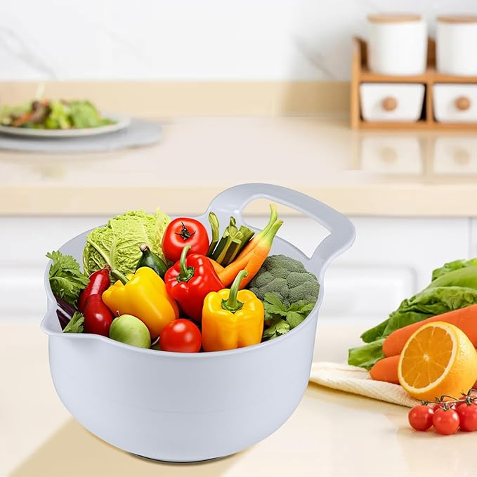 Mixing Bowls - 4 Piece Nesting Plastic Mixing Bowl Set with Pour Spouts and Handles - Non Slip Bottom and Measurement Markings (Light Gray)
