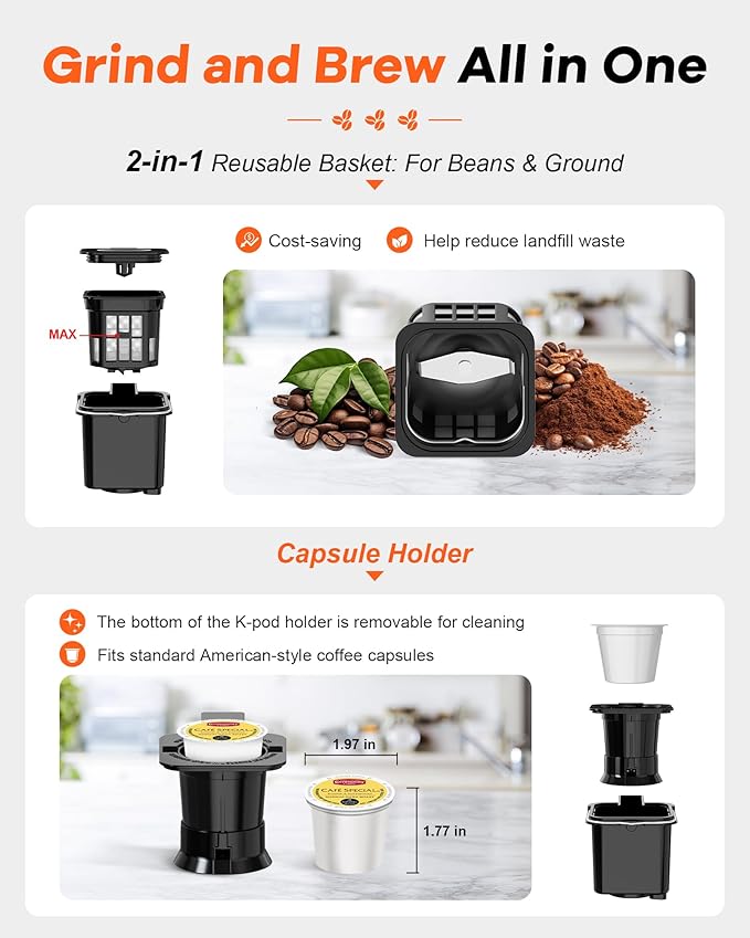 Horavie Single Serve Coffee Maker with Built-in Grinder, Fast Brew 6-16oz Single Cup for Whole Beans, Grounds, K Pod, Grind and Brew Coffee Maker with 47oz Water Tank, Descaling Alert, Black