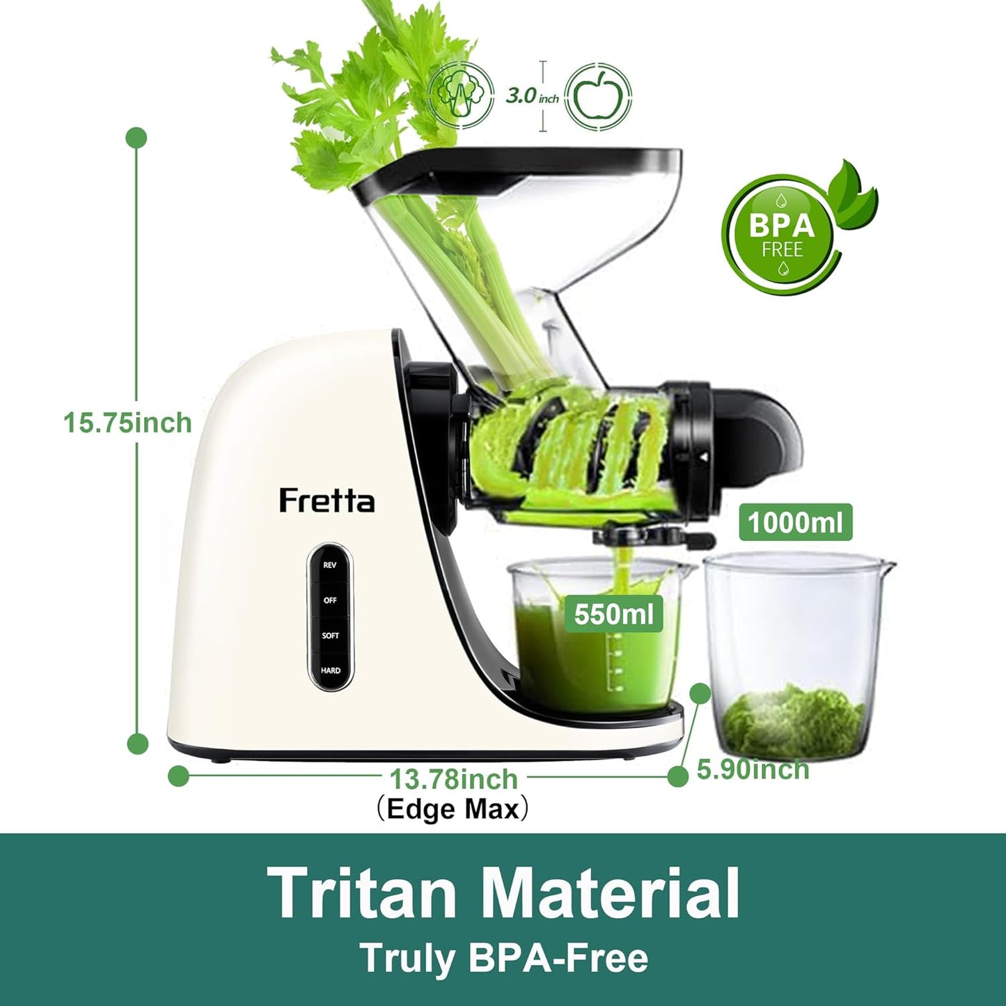 Cold Press Juicer, Masticating Slow Juicer, Fruit and Vegetable Juice Maker, Pressed Squeezer, BPA-Free,200W Quiet Motor with Wide Feeding Chute(Cream White)