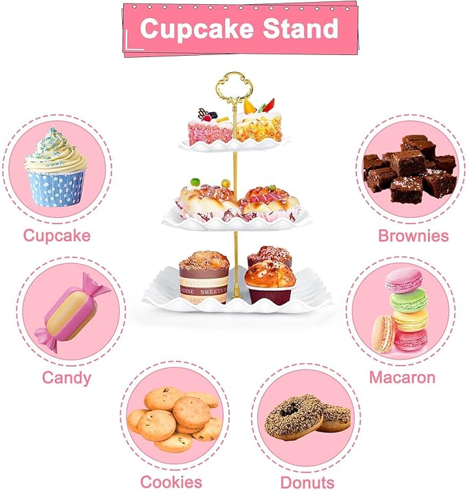 5 Pcs Dessert Table Display Set - 2 Pcs 3-Tier Dessert Display Stands & 3 Pcs Serving Tray - Dessert Trays Dessert Stands Treat Table Displays Set for Tea Parties,Birthdays & Baby Showers
