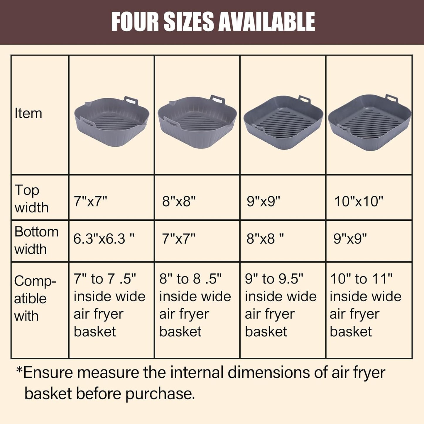 Silicone Liners Square for Air Fryer, 2 Pcs Non-stick Food-grade Reusable Basket Silicone Pot Baking Tray Airfryer Accessories, Top Size 10 inches, Bottom Size 9 inches