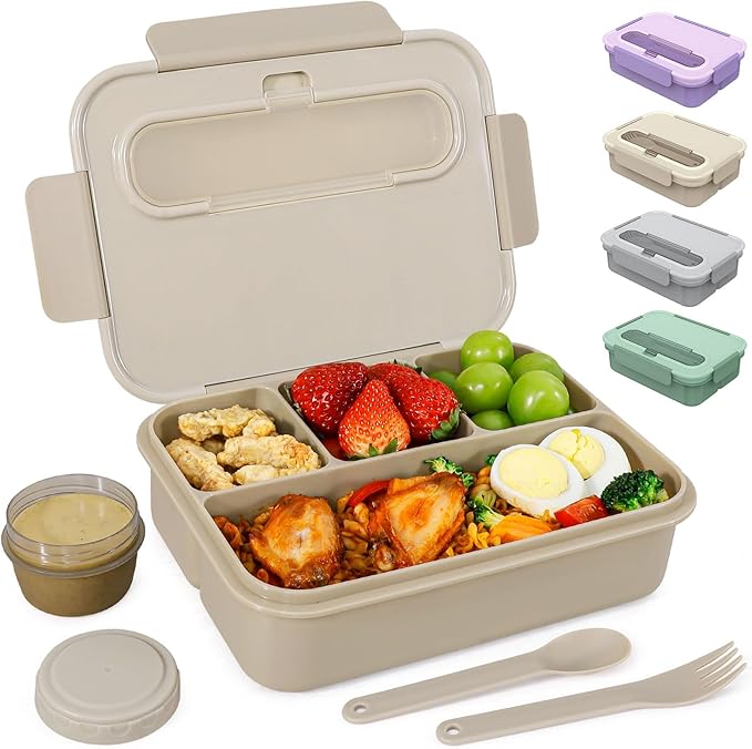 Caperci Bento Box Adult - 50 oz Large Lunch Containers for Adults and Teens, 4-Compartment Bento Lunch Box with Utensils & Leak Proof Sauce Cup, Dishwasher Safe, Durable, BPA-Free (Mocha)
