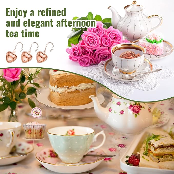 Sumind 50 Pcs Stainless Steel Tea Strainer Ball Infuser Loose Leaf Steeper Interval Diffuser Heart Shape Mesh Filters with Extended Chain Hook for tea party Seasonings Cup Bottle(Rose Gold)