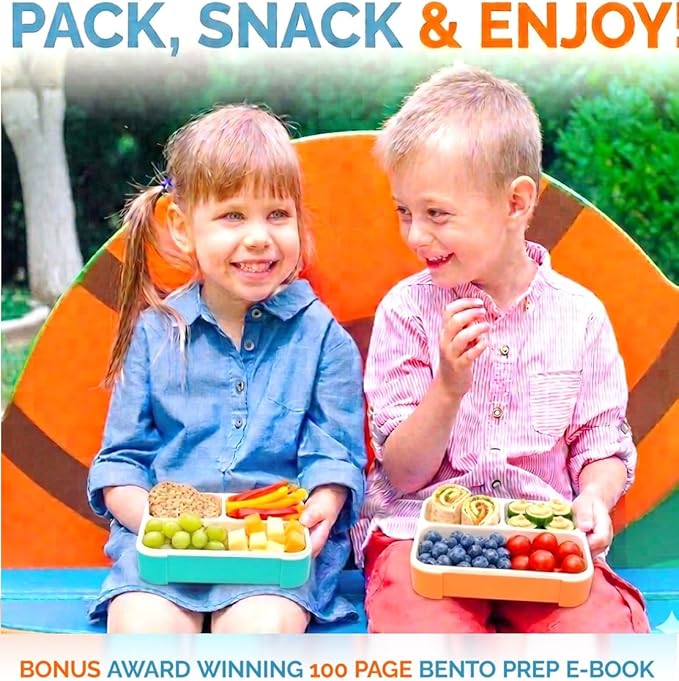 Small Snack Containers for Kids Toddlers - 3 Compartments (Set of 2) - Leak-Proof Reusable Boxes with Lids - BPA-Free Plastic Mini Bento Lunch Box - Ideal for School, Holds 2 Cups (Teal Blue+Orange)