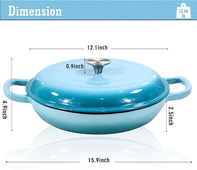 COOKWIN Cast Iron Casserole Braiser, 3.8 Quart,Heavy Duty Casserole Skillet with Lid and Dual Handles, Porcelain Enameled Surface Cookware Pot, Mother's Day Gifts for Family Light Blue