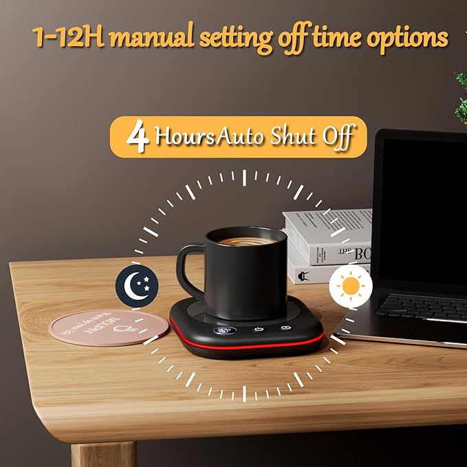 Mug Warmer Upgraded,Coffee Mug Warmer for Desk LEDs Light 3 Temp Settings (113-167°F) 1-12H Timer 4 H Auto Shut Off Beverage Cup Candle Warmer for Coffee Tea Milk(Black)