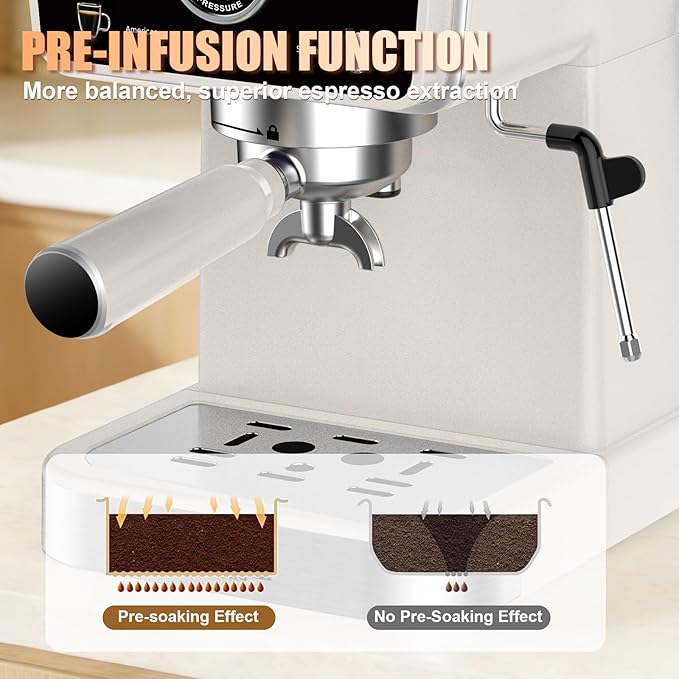 20 Bar Semi-Automatic Espresso Machine, 1350W Fast Heating, 1.5L Removable Water Tank, Milk Frother Steam Wand, Cup Warmer, White, for Home/Office, Coffee Beginners & Baristas