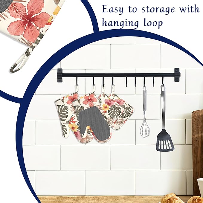 Palm Leaf Oven Mitts and Pot Holders Tropical Hibiscus Flower Silicone Kitchen Accessories Set of 4 Heat Resistant Non-Slip Long Gloves Potholder for Chef Cooking Baking Gifts Women Men