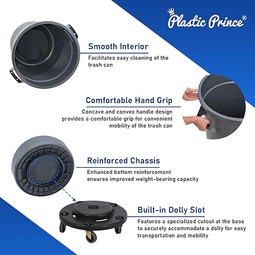 PLASTIC PRINCE 32 Gallon Round Trash Can with Lid and Dolly Gray Plastic Commercial Garbage Container for Home Garage Restaurants Warehouses - Bundle