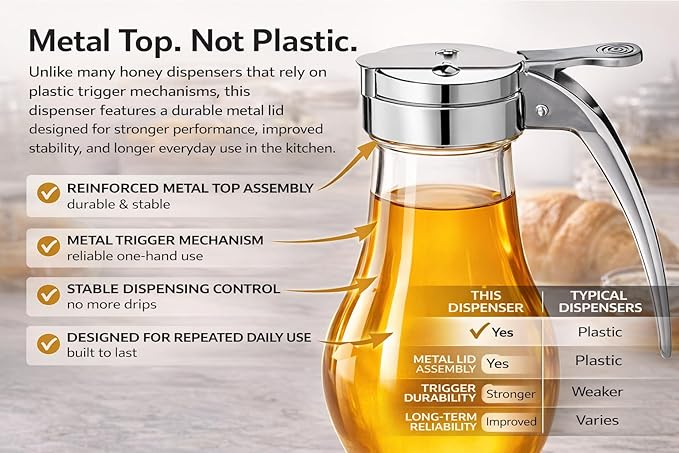 EHOMEA2Z Glass Honey Dispenser, 14 oz Syrup Dispenser with Metal Top, Maple Syrup Dispenser for Kitchen & Dining Table (4, 14 Oz)