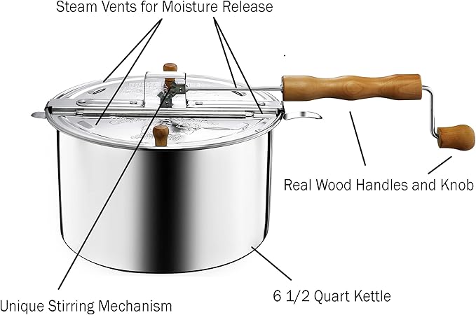 Stovetop Popcorn Maker - 6-Quart Aluminum Popcorn Popper with Hand Crank, Vented Lid, and Stir Paddle by Great Northern Popcorn (Silver)