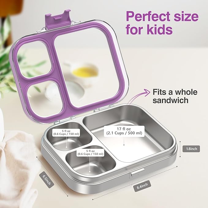 HOMEKOL Stainless Steel Bento Lunch Box, 3-Compartment Leak-Proof Lunch Container for Kids & Adults, BPA/BPS-Free 304 Metal Food Box, Dishwasher Safe, Clear Tritan Lid, Purple (Not Insulated)