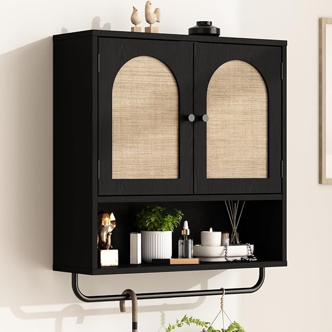 RUSTOWN Rattan Bathroom Wall Cabinet, Boho Medicine Cabinet with 2 Arched Doors, Farmhouse Over The Toilet Storage Cabinets with Adjustable Shelves & Towel Bar