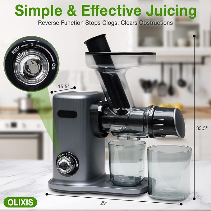 OLIXIS Cold Press Juicer, Slow Masticating Juicer Machines with Extra Wide Feed Chute, High Juice Yield and Easy to Clean for Whole Vegetables & Fruits, Silver
