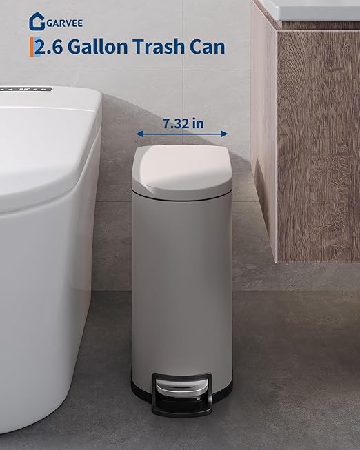 GarveeHome 2.6 Gallon Bathroom Trash Can, Space-Saving Slim Stainless Steel Step-On Garbage Bin with Soft Close Lid, Removable Inner Bucket for Bathroom & Bedroom,Grey