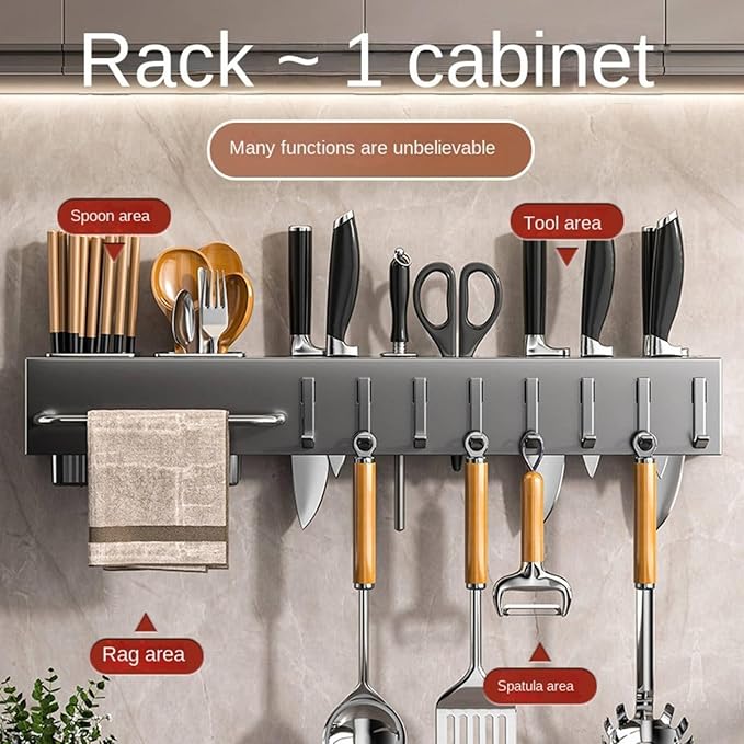 New Multi-Functional Kitchen Rack Home Wall-Mounted Knives Chopstick and Spoon Storage Rack Punch-Free cookware draining Rack, 40, Black