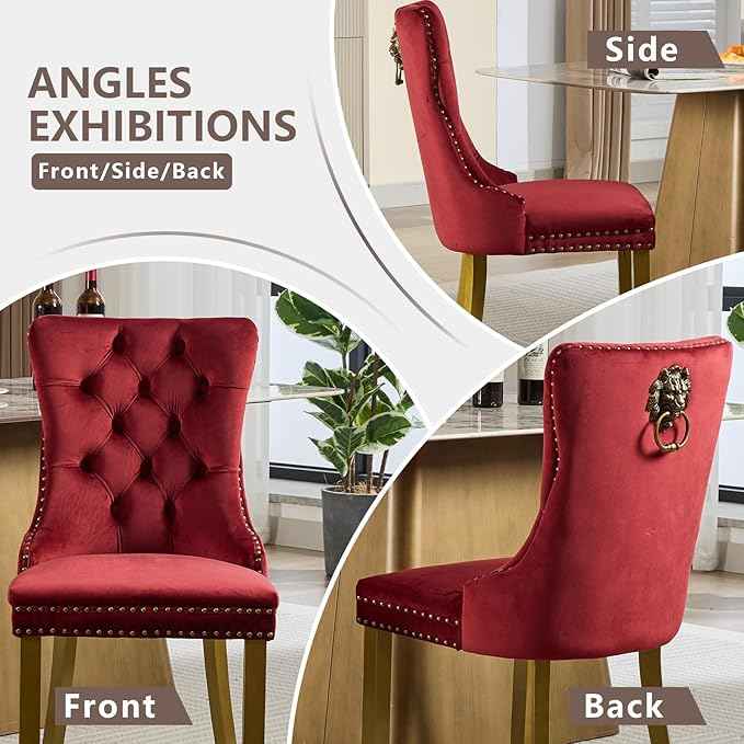 Velvet Dining Chairs Set of 4, Modern Tufted Dining Room Chair, Upholstered Dining Chairs with Lion Head Pulls Ring and Golden Solid Wood Legs, Luxury Kitchen Chairs for Dining Room, Burgundy