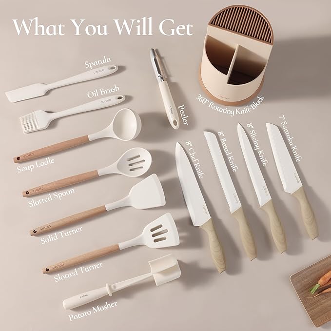 CAROTE 13Pcs Kitchen Utensils Set with 360 Rotating Knife Block, Heat Resistant Cooking Utensils Set with Wooden Handle, Kitchen Knife Sets with Nonstick Ceramic Surface, Cream White
