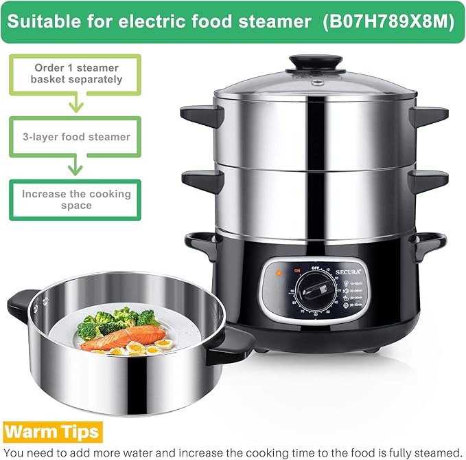 Secura Steamer Basket 304 Stainless Steel Food Steamer 1 Tier for 8.5 Quart Electric Food Steamer